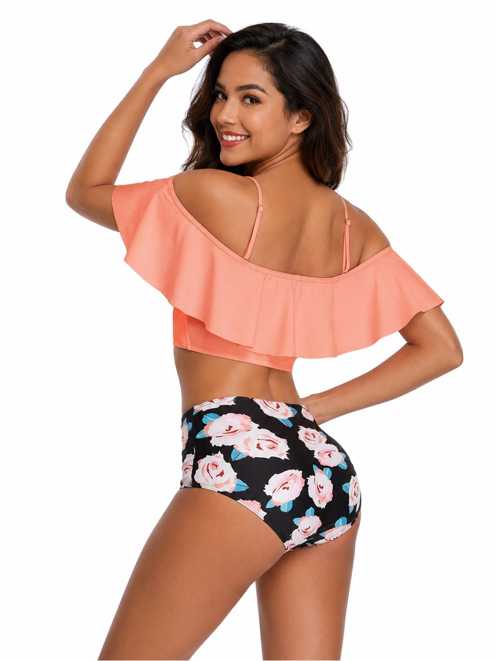 Orange Off Shoulder Ruffled Black Floral High Waisted Bikini Set - Picture 2 of 6